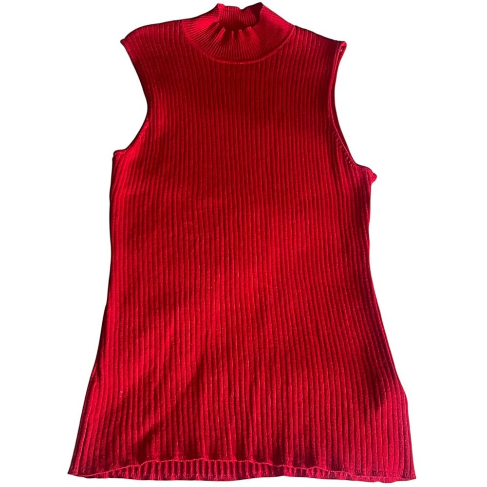 Madison Grey Red Ribbed Sleeveless Turtleneck Top Stretch Knit Blouse Size XL - Picture 2 of 5